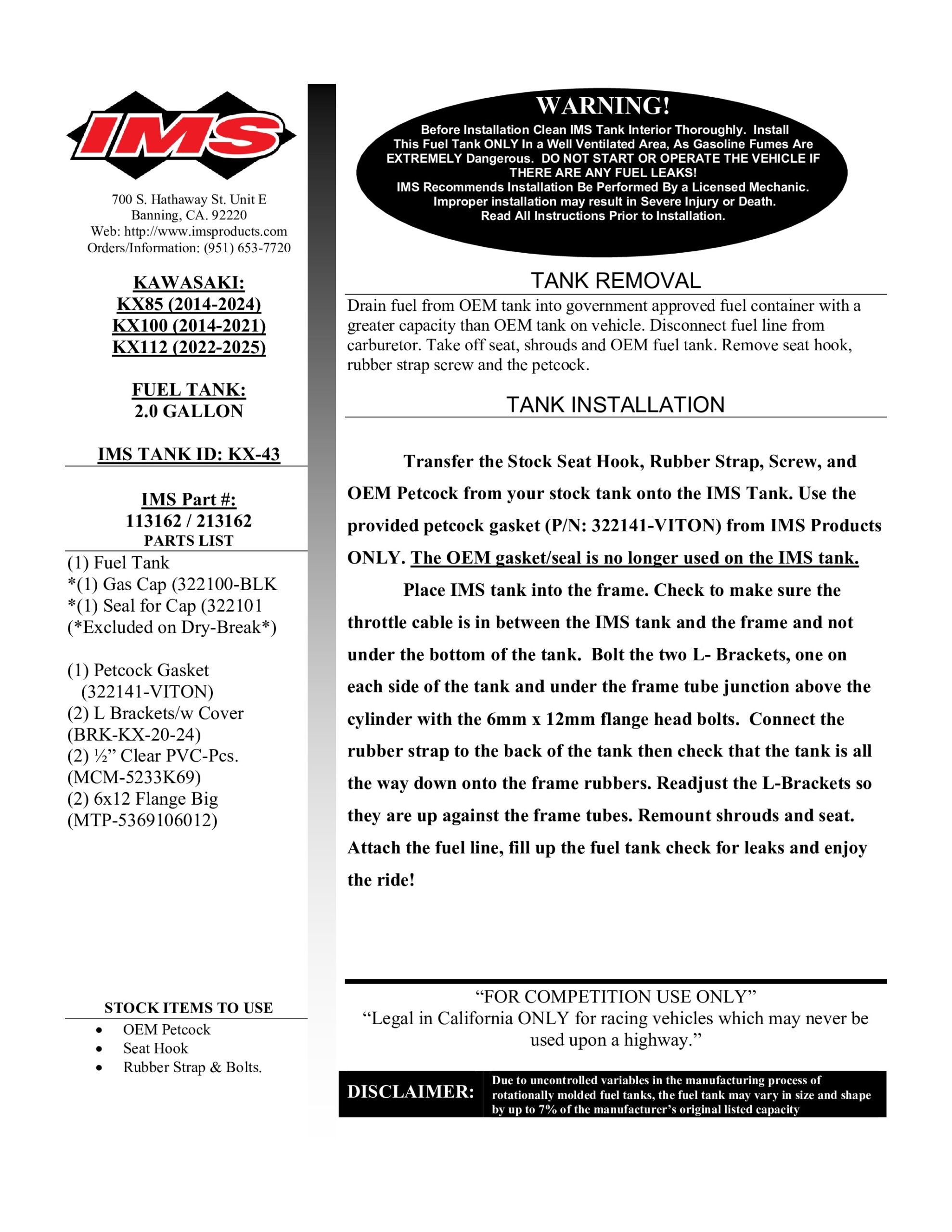 IMS Large Capacity Fuel Tank Natural 2 gal For 14-25 KX85 KX100 KX112 - Image 3