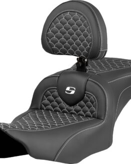 Saddlemen Roadsofa Seat Dragon Scale White Stitch w/ Backrest For FLHX FLTRX